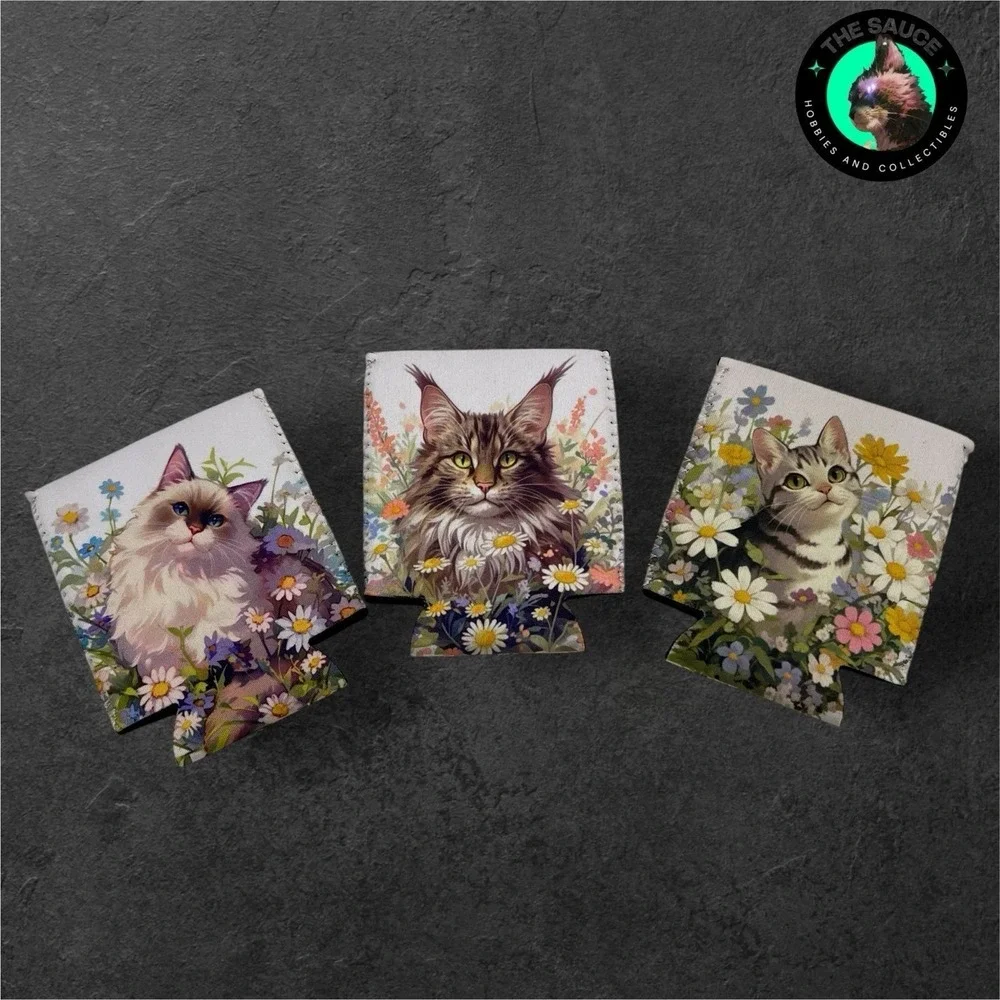 Cat Koozie Can Insulator Set 3pk OS Multicolor Floral Maine Coon‎ Ragdoll Hippie